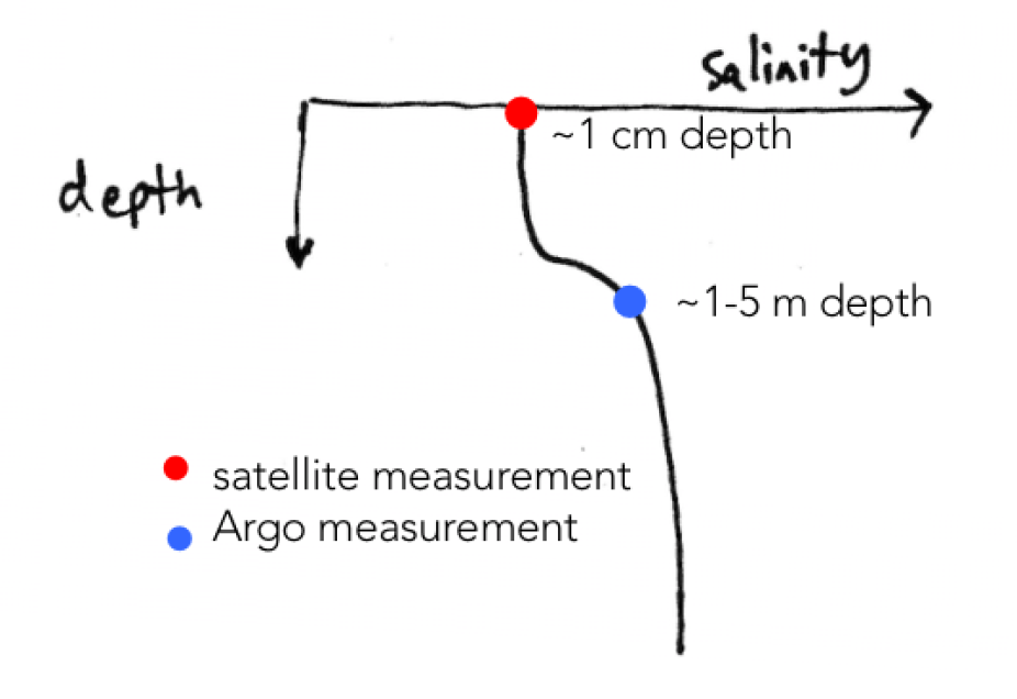 Vertical profile of salinity within a rain-formed fresh layer: the satellite salinity measurement, made at ~1 cm depth, is fresher than an Argo measurement made at ~1-5 m depth. (Adapted from Boutin et al., 2015.)