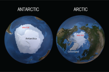 Figure 1: Maps of the Antarctic (left) and Arctic (right) including the floating sea ice component of our cryosphere. Adapted from a NASA SVS image.